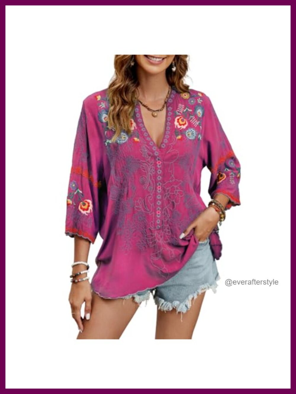Embroidered Peasant Blouse 3/4 Sleeve V Neck Boho Tunic Top
